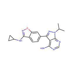 CC(C)n1nc(-c2ccc3c(NC4CC4)noc3c2)c2c(N)ncnc21 ZINC000142673510