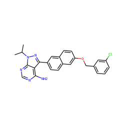 CC(C)n1nc(-c2ccc3cc(OCc4cccc(Cl)c4)ccc3c2)c2c(N)ncnc21 ZINC000084687725