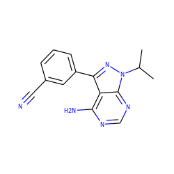 CC(C)n1nc(-c2cccc(C#N)c2)c2c(N)ncnc21 ZINC000064503833