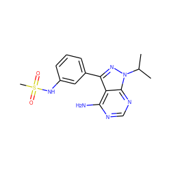 CC(C)n1nc(-c2cccc(NS(C)(=O)=O)c2)c2c(N)ncnc21 ZINC000064516473