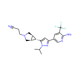 CC(C)n1nc(-c2cnc(N)c(C(F)(F)F)c2)cc1[C@@H]1[C@H]2CN(CCC#N)C[C@H]21 ZINC000148078775