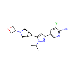 CC(C)n1nc(-c2cnc(N)c(Cl)c2)cc1[C@@H]1[C@H]2CN(C3COC3)C[C@H]21 ZINC000148073507