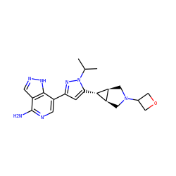 CC(C)n1nc(-c2cnc(N)c3cn[nH]c23)cc1[C@@H]1[C@H]2CN(C3COC3)C[C@H]21 ZINC000148076927