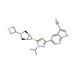 CC(C)n1nc(-c2cnc3[nH]cc(C#N)c3c2)cc1[C@@H]1[C@H]2CN(C3COC3)C[C@H]21 ZINC000148081658