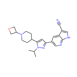 CC(C)n1nc(-c2cnc3[nH]cc(C#N)c3c2)cc1C1CCN(C2COC2)CC1 ZINC000148066699