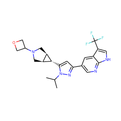 CC(C)n1nc(-c2cnc3[nH]cc(C(F)(F)F)c3c2)cc1[C@@H]1[C@H]2CN(C3COC3)C[C@H]21 ZINC000148083377