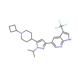 CC(C)n1nc(-c2cnc3[nH]cc(C(F)(F)F)c3c2)cc1C1CCN(C2CCC2)CC1 ZINC000146497354