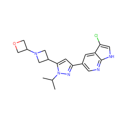 CC(C)n1nc(-c2cnc3[nH]cc(Cl)c3c2)cc1C1CN(C2COC2)C1 ZINC000146507811