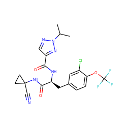 CC(C)n1ncc(C(=O)N[C@@H](Cc2ccc(OC(F)(F)F)c(Cl)c2)C(=O)NC2(C#N)CC2)n1 ZINC001772651833