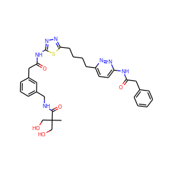 CC(CO)(CO)C(=O)NCc1cccc(CC(=O)Nc2nnc(CCCCc3ccc(NC(=O)Cc4ccccc4)nn3)s2)c1 ZINC000169698517