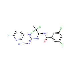 CC(Cl)(Cl)[C@@H](NC(=O)c1cc(Cl)cc(Cl)c1)N/C(=N/C#N)Nc1ccc(F)nc1 ZINC000028866594