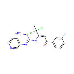 CC(Cl)(Cl)[C@@H](NC(=O)c1cccc(F)c1)N/C(=N/c1cccnc1)NC#N ZINC000013588844