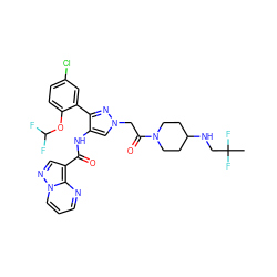 CC(F)(F)CNC1CCN(C(=O)Cn2cc(NC(=O)c3cnn4cccnc34)c(-c3cc(Cl)ccc3OC(F)F)n2)CC1 ZINC001772645446