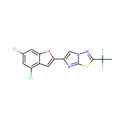 CC(F)(F)c1nn2cc(-c3cc4c(Cl)cc(Cl)cc4o3)nc2s1 ZINC000653758325