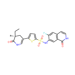 CC[C@@]1(C)CC(c2ccc(S(=O)(=O)Nc3cc4c(=O)[nH]ccc4cc3F)s2)=CNC1=O ZINC001772607928