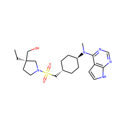 CC[C@@]1(CO)CCN(S(=O)(=O)C[C@H]2CC[C@H](N(C)c3ncnc4[nH]ccc34)CC2)C1 ZINC000261118342