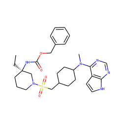 CC[C@@]1(NC(=O)OCc2ccccc2)CCCN(S(=O)(=O)CC2CCC(N(C)c3ncnc4[nH]ccc34)CC2)C1 ZINC000169700303