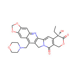 CC[C@@]1(O)C(=O)OCc2c1cc1n(c2=O)Cc2c-1nc1cc3c(cc1c2CN1CCOCC1)OCO3 ZINC000045301240