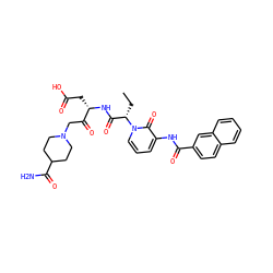 CC[C@@H](C(=O)N[C@@H](CC(=O)O)C(=O)CN1CCC(C(N)=O)CC1)n1cccc(NC(=O)c2ccc3ccccc3c2)c1=O ZINC000028016293