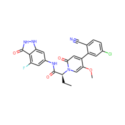 CC[C@@H](C(=O)Nc1cc(F)c2c(=O)[nH][nH]c2c1)n1cc(OC)c(-c2cc(Cl)ccc2C#N)cc1=O ZINC001772593909