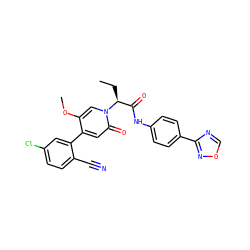 CC[C@@H](C(=O)Nc1ccc(-c2ncon2)cc1)n1cc(OC)c(-c2cc(Cl)ccc2C#N)cc1=O ZINC001772648338