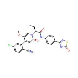 CC[C@@H](C(=O)Nc1ccc(-c2nsc(=O)[nH]2)cc1)n1cc(OC)c(-c2cc(Cl)ccc2C#N)cc1=O ZINC001772627204