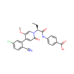 CC[C@@H](C(=O)Nc1ccc(C(=O)O)cc1)n1cc(OC)c(-c2cc(Cl)ccc2C#N)cc1=O ZINC001772613679