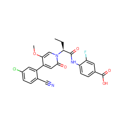 CC[C@@H](C(=O)Nc1ccc(C(=O)O)cc1F)n1cc(OC)c(-c2cc(Cl)ccc2C#N)cc1=O ZINC001772628975