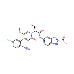 CC[C@@H](C(=O)Nc1ccc2[nH]c(C(=O)O)nc2c1)n1cc(OC)c(-c2cc(Cl)ccc2C#N)cc1=O ZINC001772615119