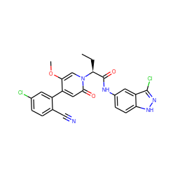 CC[C@@H](C(=O)Nc1ccc2[nH]nc(Cl)c2c1)n1cc(OC)c(-c2cc(Cl)ccc2C#N)cc1=O ZINC001772573079