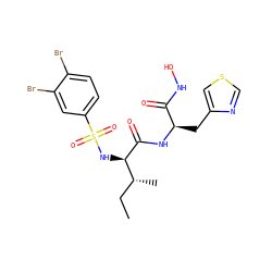 CC[C@@H](C)[C@@H](NS(=O)(=O)c1ccc(Br)c(Br)c1)C(=O)N[C@H](Cc1cscn1)C(=O)NO ZINC000026507836