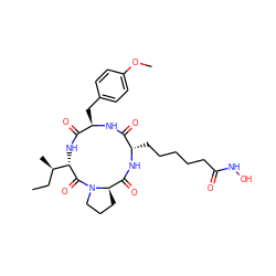 CC[C@@H](C)[C@@H]1NC(=O)[C@@H](Cc2ccc(OC)cc2)NC(=O)[C@H](CCCCCC(=O)NO)NC(=O)[C@H]2CCCN2C1=O ZINC000026481700