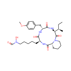 CC[C@@H](C)[C@@H]1NC(=O)[C@@H](Cc2ccc(OC)cc2)NC(=O)[C@H](CCCCCN(O)C=O)NC(=O)[C@H]2CCCCN2C1=O ZINC000026487191