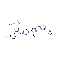 CC[C@@H](C)[C@H](C(=O)O)N1C[C@H](CN2CCC(c3cc(Cc4ccc(OC5CCC5)cc4)nn3CC)CC2)[C@@H](c2cccc(F)c2)C1 ZINC000028087967