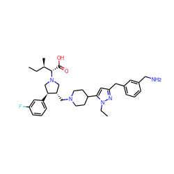 CC[C@@H](C)[C@H](C(=O)O)N1C[C@H](CN2CCC(c3cc(Cc4cccc(CN)c4)nn3CC)CC2)[C@@H](c2cccc(F)c2)C1 ZINC000095607595