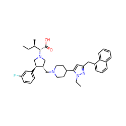 CC[C@@H](C)[C@H](C(=O)O)N1C[C@H](CN2CCC(c3cc(Cc4cccc5ccccc45)nn3CC)CC2)[C@@H](c2cccc(F)c2)C1 ZINC000028100447