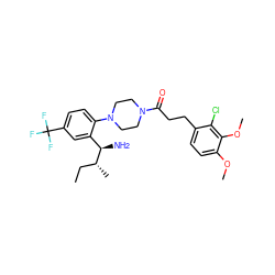 CC[C@@H](C)[C@H](N)c1cc(C(F)(F)F)ccc1N1CCN(C(=O)CCc2ccc(OC)c(OC)c2Cl)CC1 ZINC000036285410