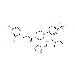 CC[C@@H](C)[C@H](NC[C@H]1CCCO1)c1cc(C(F)(F)F)ccc1N1CCN(C(=O)CCc2ccc(Cl)cc2Cl)CC1 ZINC000003926278