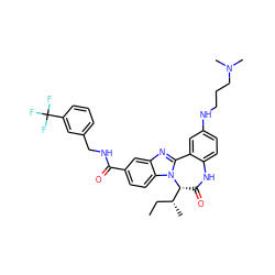 CC[C@@H](C)[C@H]1C(=O)Nc2ccc(NCCCN(C)C)cc2-c2nc3cc(C(=O)NCc4cccc(C(F)(F)F)c4)ccc3n21 ZINC000042804190