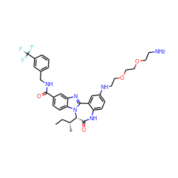 CC[C@@H](C)[C@H]1C(=O)Nc2ccc(NCCOCCOCCN)cc2-c2nc3cc(C(=O)NCc4cccc(C(F)(F)F)c4)ccc3n21 ZINC000049850697