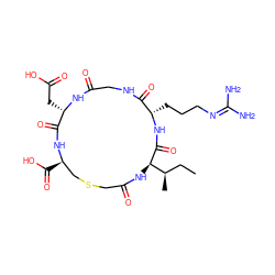 CC[C@@H](C)[C@H]1NC(=O)CSC[C@@H](C(=O)O)NC(=O)[C@H](CC(=O)O)NC(=O)CNC(=O)[C@H](CCCN=C(N)N)NC1=O ZINC000026170388