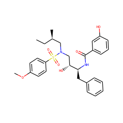 CC[C@@H](C)CN(C[C@@H](O)[C@H](Cc1ccccc1)NC(=O)c1cccc(O)c1)S(=O)(=O)c1ccc(OC)cc1 ZINC000044361201