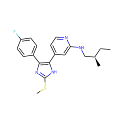 CC[C@@H](C)CNc1cc(-c2[nH]c(SC)nc2-c2ccc(F)cc2)ccn1 ZINC000040934935