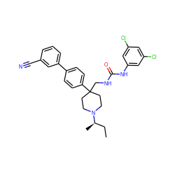 CC[C@@H](C)N1CCC(CNC(=O)Nc2cc(Cl)cc(Cl)c2)(c2ccc(-c3cccc(C#N)c3)cc2)CC1 ZINC000028117080