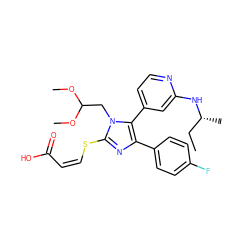 CC[C@@H](C)Nc1cc(-c2c(-c3ccc(F)cc3)nc(S/C=C\C(=O)O)n2CC(OC)OC)ccn1 ZINC000299857130