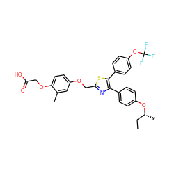 CC[C@@H](C)Oc1ccc(-c2nc(COc3ccc(OCC(=O)O)c(C)c3)sc2-c2ccc(OC(F)(F)F)cc2)cc1 ZINC000049777072