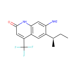 CC[C@@H](C)c1cc2c(C(F)(F)F)cc(=O)[nH]c2cc1N ZINC000014968349