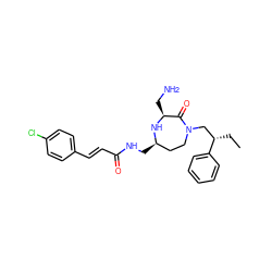 CC[C@@H](CN1CC[C@@H](CNC(=O)/C=C/c2ccc(Cl)cc2)N[C@@H](CN)C1=O)c1ccccc1 ZINC001772579711