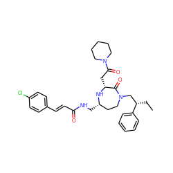 CC[C@@H](CN1CC[C@H](CNC(=O)/C=C/c2ccc(Cl)cc2)N[C@H](CC(=O)N2CCCCC2)C1=O)c1ccccc1 ZINC001772636037