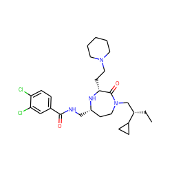 CC[C@@H](CN1CC[C@H](CNC(=O)c2ccc(Cl)c(Cl)c2)N[C@H](CCN2CCCCC2)C1=O)C1CC1 ZINC000206883738